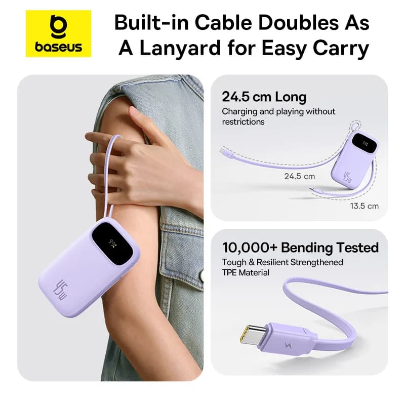 شاحن محمول Baseus بقوة 45 واط وسعة 20000 مللي أمبير مع كابل USB-C وLightning قابل للسحب مدمج لهواتف آيفون 17 و16 و15 وسامسونج S25 وشاومي بوكو - 2
