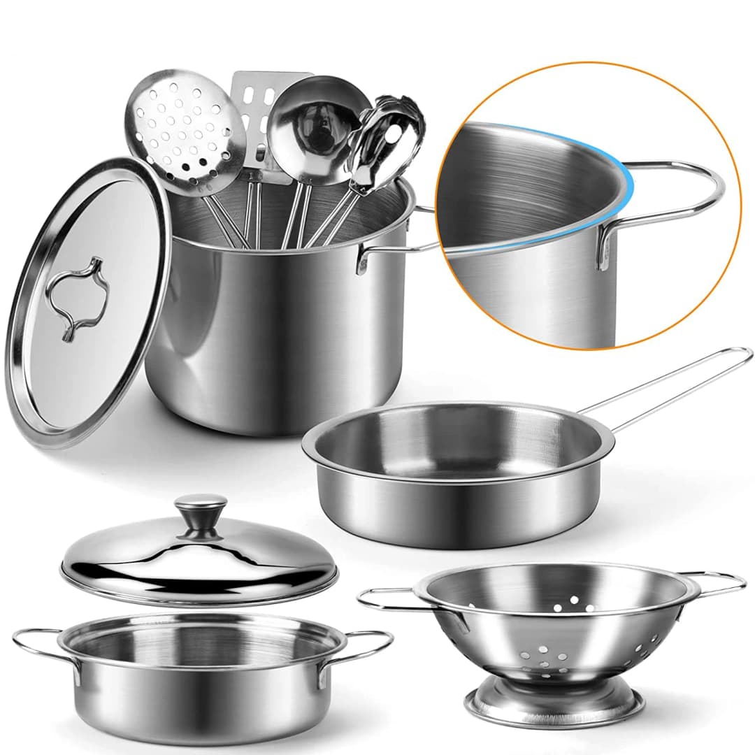 مجموعة ألعاب مطبخ للأطفال من الفولاذ المقاوم للصدأ، أدوات طهي وطعام للعب التخيلي، وعاء طهي صغير ومجرفة، ألعاب مطبخ للأطفال - 2