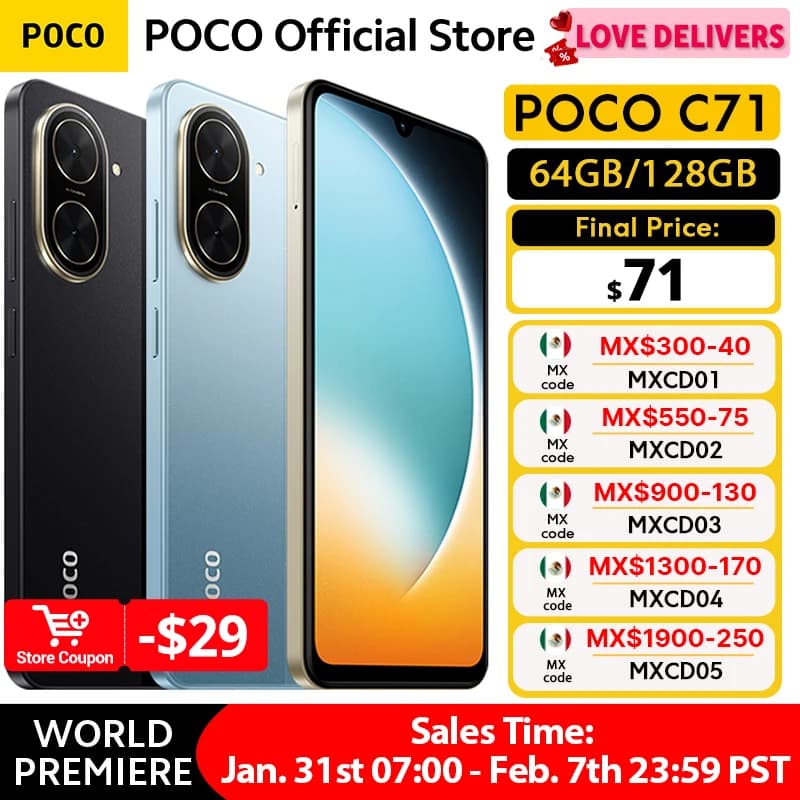 هاتف POCO C71 نسخة عالمية معالج UNISOC T7250 شاشة غامرة 6.88 بوصة كاميرا مزدوجة 32 ميجابكسل AI شحن 15 واط بطارية 5200 مللي أمبير