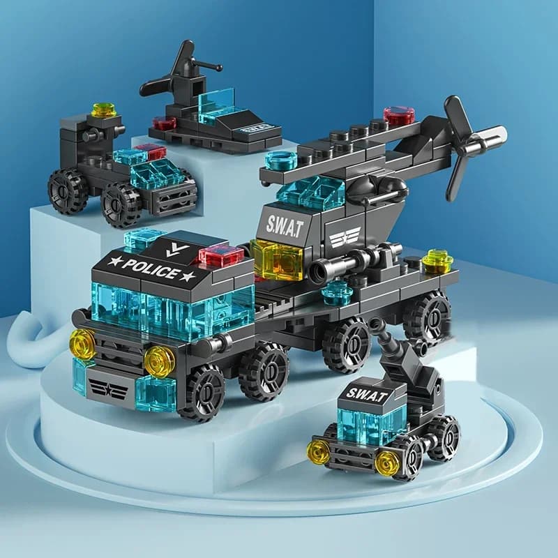City Fire Car Building Blocks for Children, Police Truck, Engineering Crane, Tank, Helicopter Bricks Set Toys for Kids, 6in 1 - 4