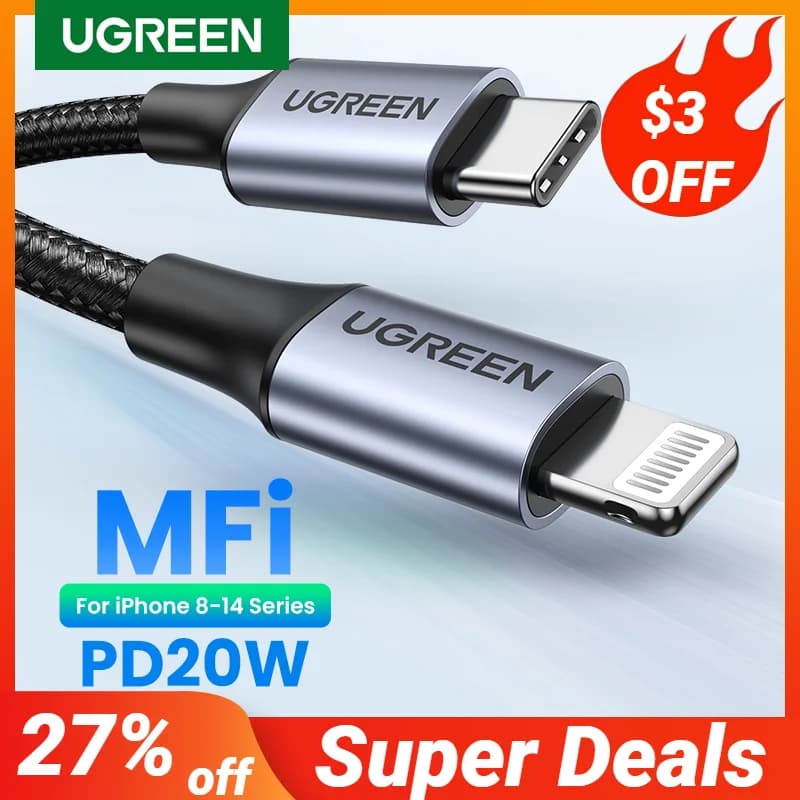 كابل يو جرين MFi 20 واط PD من USB C إلى لايتنينج لهواتف آيفون 14 و13 و12 برو ماكس - شحن سريع كابل Type C لآيفون وآيباد