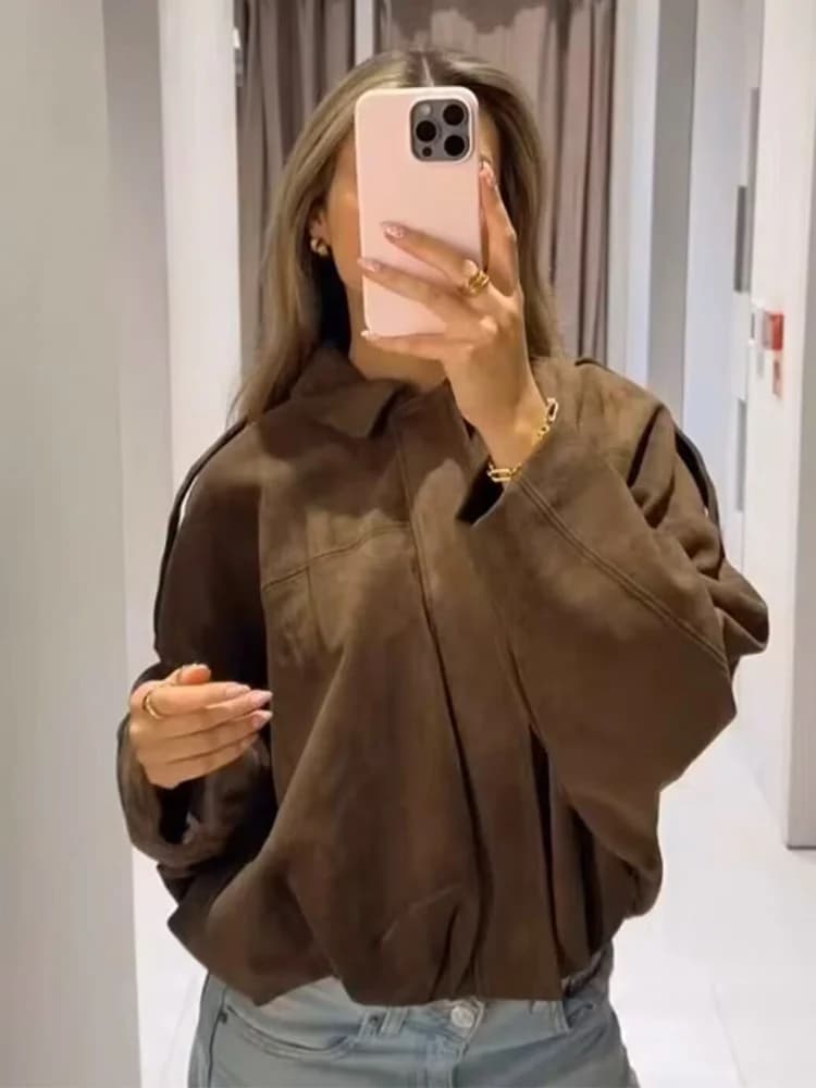 جاكيت نسائي من الجلد السويدي الأخضر، ربيع 2026، تصميم جديد، أكمام طويلة، سحّاب، مقاس كبير، جاكيت بومبر شيك، معاطف كاجوال - 6
