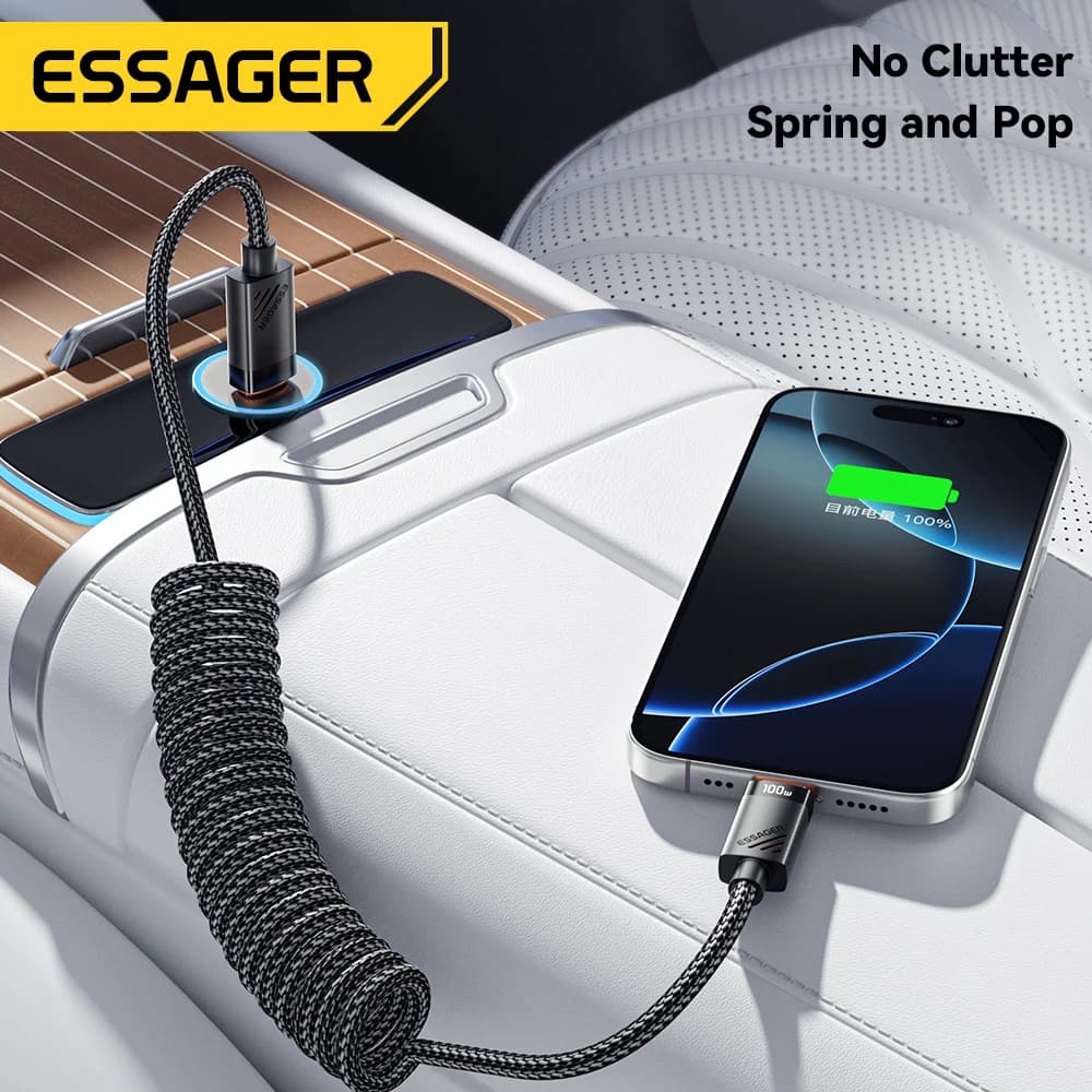 Essager Car Spring Type C Cable  For iPhone 17 16 15 Pro Xiaomi Samsung 100W PD Fast Charging For Macbook iPad Type C to C Cable - 4