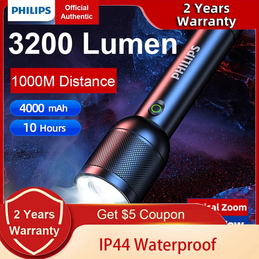 Philips كشاف LED بقوة 3200 لومن ومدى 1000 متر محمول وقوي وساطع لمصباح التخييم والمشي في الهواء الطلق والدفاع عن النفس