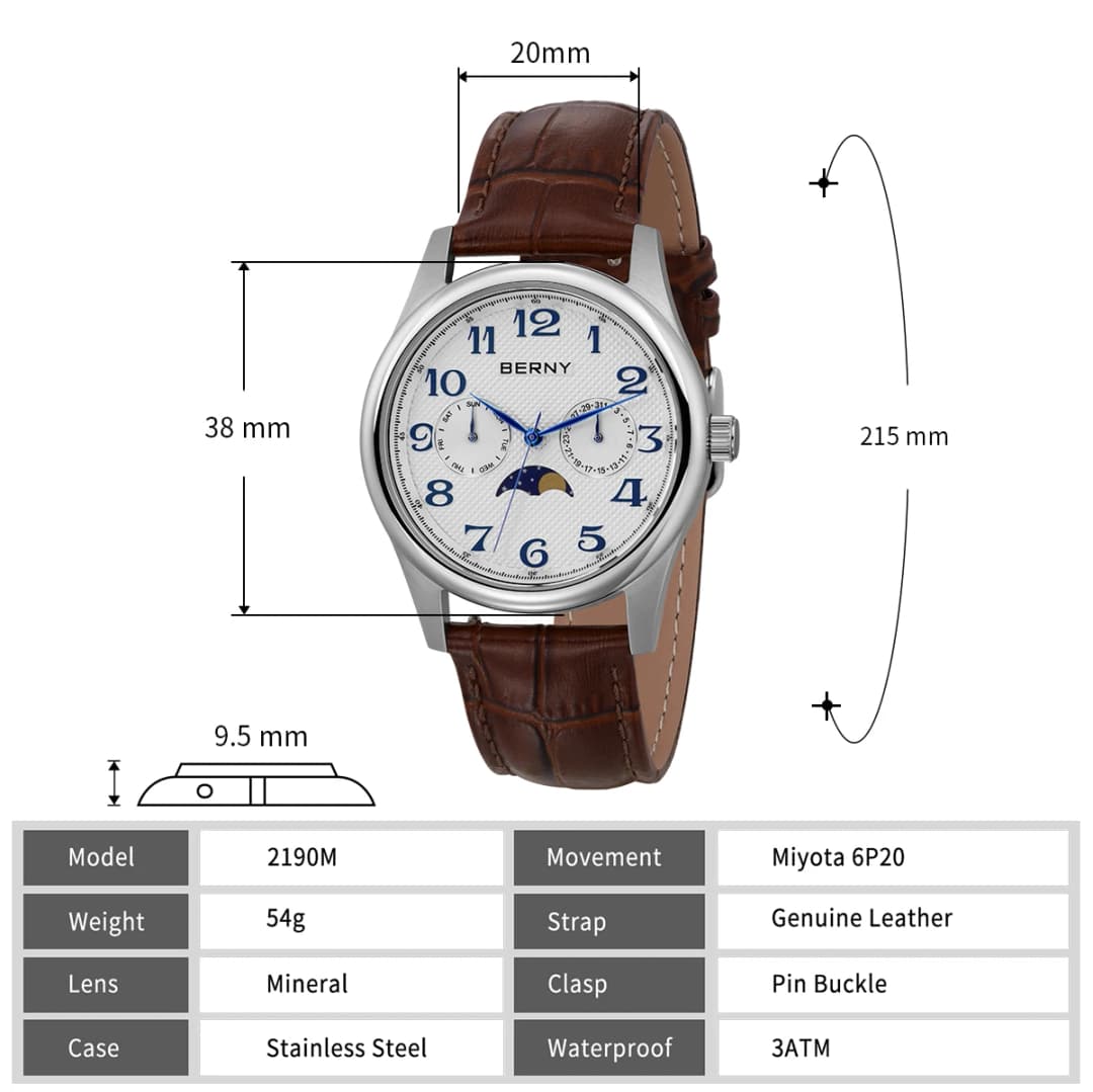 BERNY Watches for Men Moon Phase Quartz Men's Watch Day and Date Calendar Easy Read Vintage-Style Business Dress Wristwatch - 6