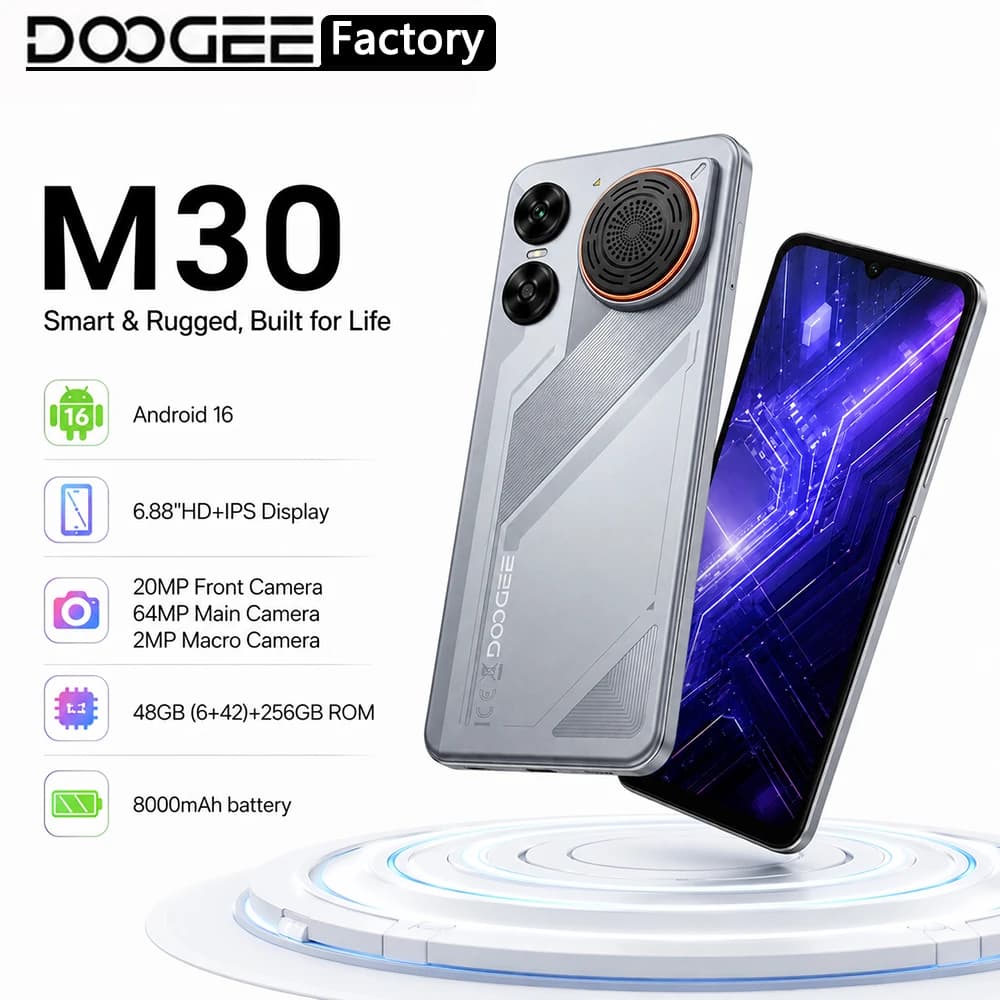 DOOGEE M30 Smartphon Android 16 6.88" HD+IPS Display Octa Core Mobile Phone 48GB(6+42)+256GB 8000mAh 64M Camera NFC 33W Chaging