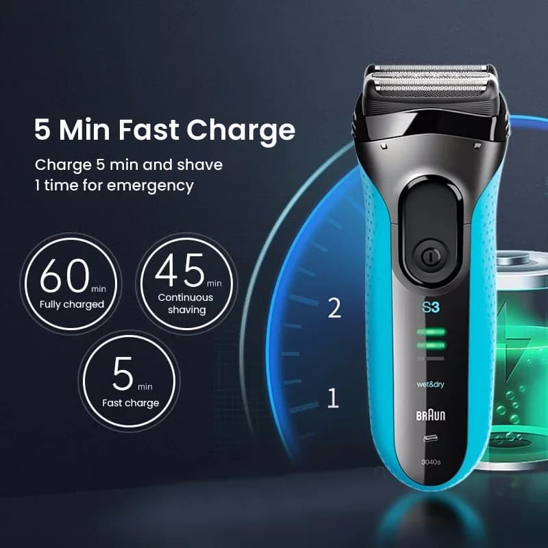 ماكينة الحلاقة الكهربائية Braun 3040s سلسلة S3 ماكينة حلاقة متبادلة مع أداة تشذيب السوالف قابلة لإعادة الشحن للاستخدام الجاف والرطب شفرة للرجال - 3