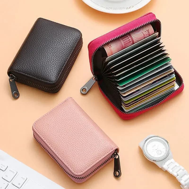 Multi Slot Card Holder Vintage Small Wallet Women Men Business Bank Credit Card Bag Male Coin Pouch Solid Leather Zipper Wallet - 2