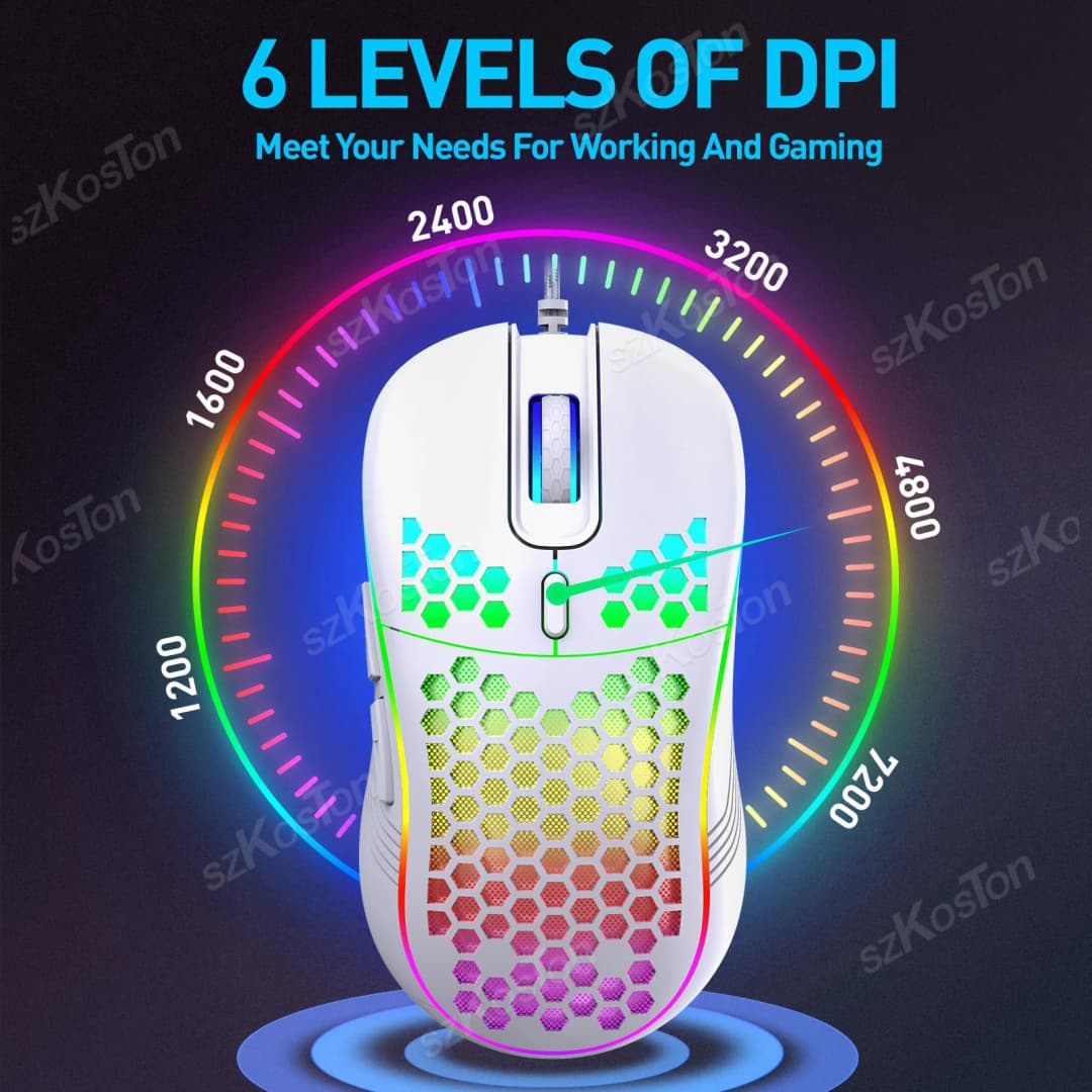ماوس ألعاب سلكي بتصميم خلية نحل إضاءة خلفية RGB 7200 DPI قابل للتعديل ماوس كمبيوتر USB مريح لجهاز الكمبيوتر المحمول وويندوز - 4