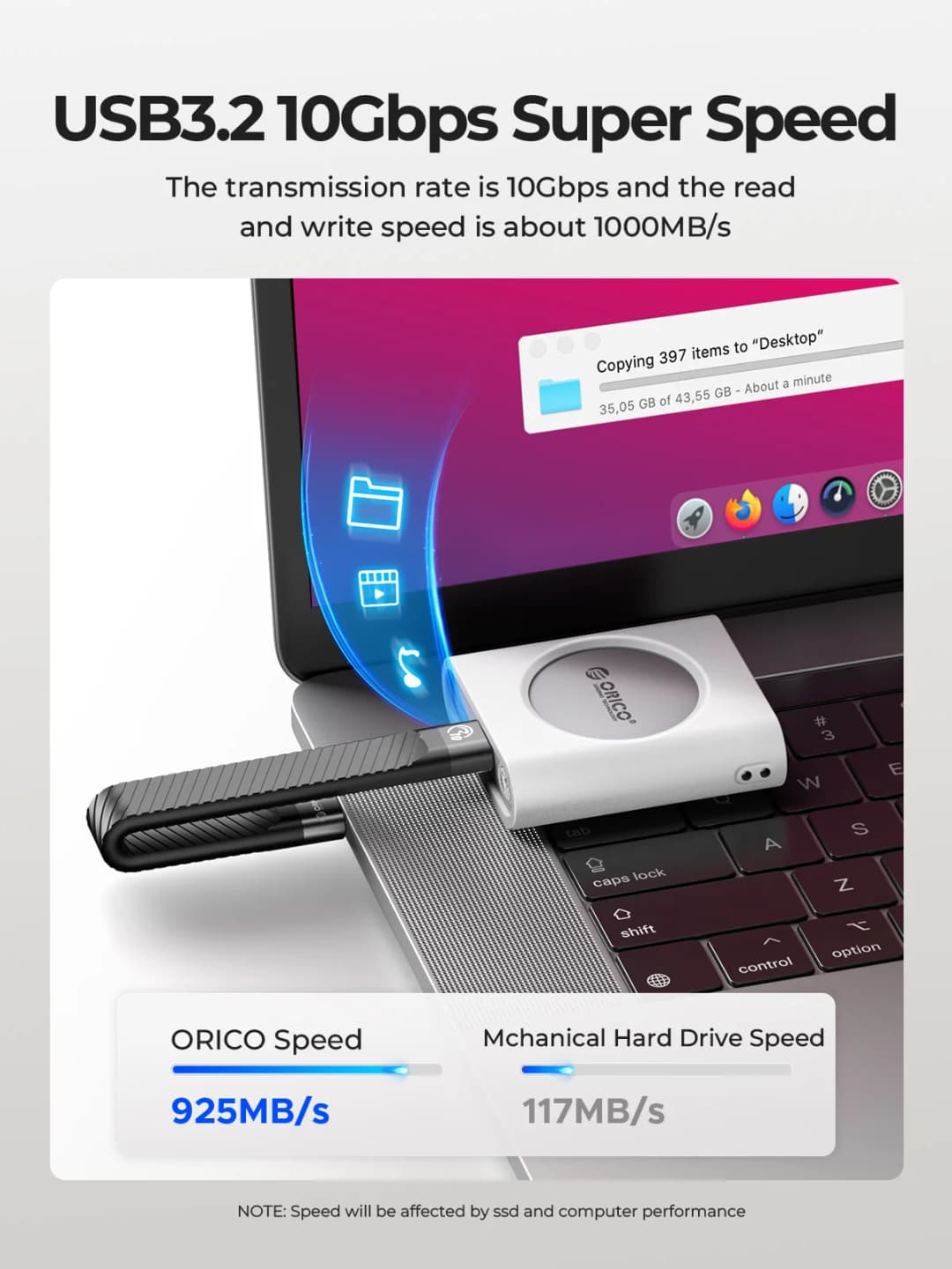 علبة ORICO M.2 2230 NVMe SSD، USB C 3.2 Gen 2 Type-C بسرعة 10 جيجابت في الثانية، محول NVMe PCI-E، علبة خارجية من الألومنيوم متوافقة مع iPhone15/16 Pro وiPad - 3