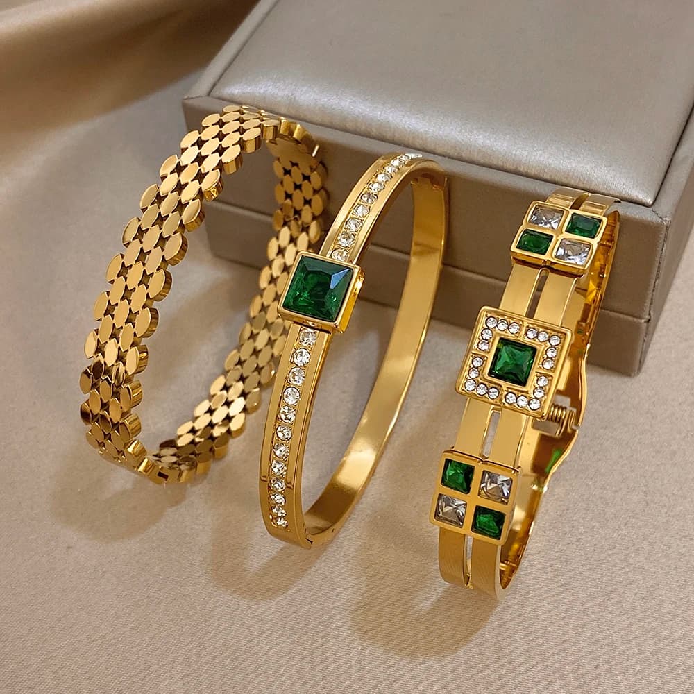 Greatera Light Luxury Style Green Square Zirconium Series Cuff Bracelet Unique Stainless Steel Artistic Exaggerate Women Bangle - 6
