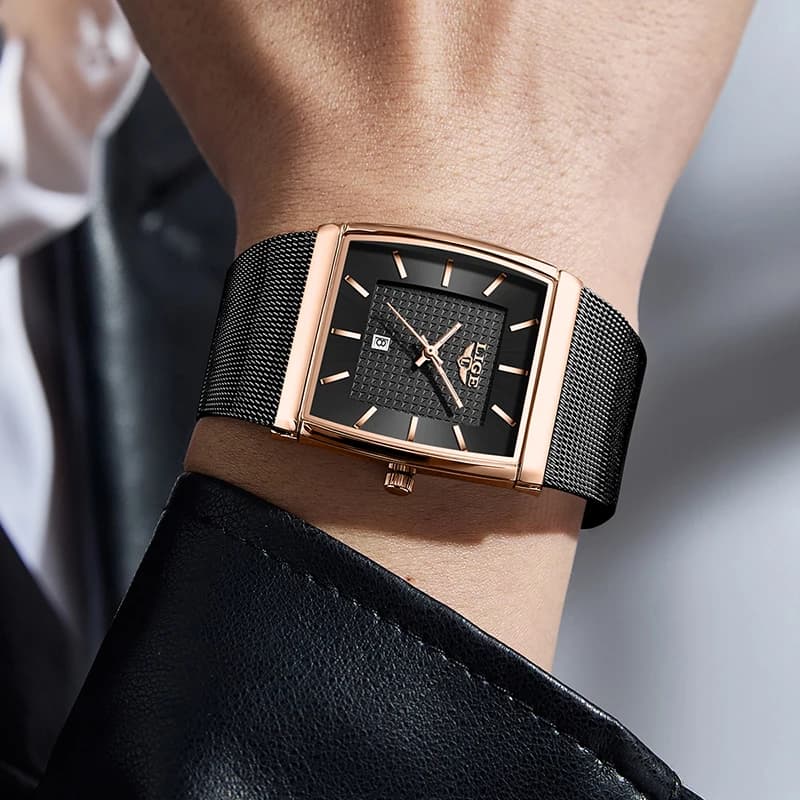 LIGE New Luxury Square Watch For Men Fashion Business Rose Gold Ultra Thin Mesh Waterproof Luminous Men's Quartz Wristwatches - 5
