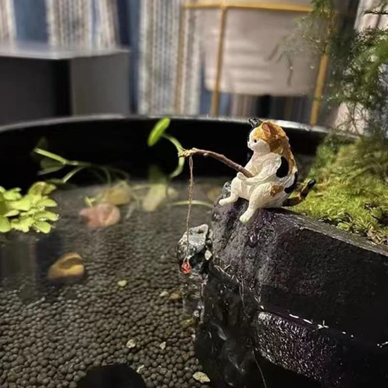 Fish  Landscaping Fishing Cat Ornaments Mini Resin Figurine Cartoon Cat Statue for Home Office Aquarium Decoration - 5