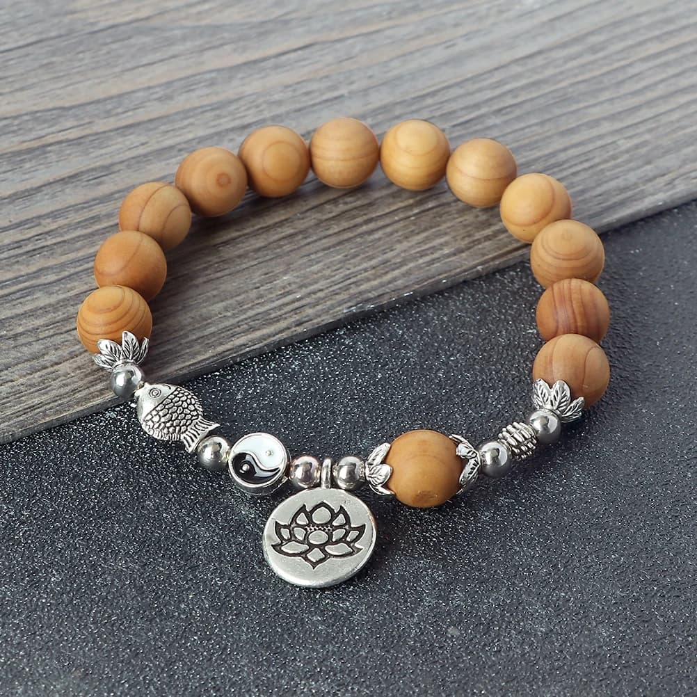 Classic Wooden Beads Prayer Bracelet  Good Luck Lotus Meditation Yoga Jewelry Black Rosewood Cypress Elastic Bangle Women Men