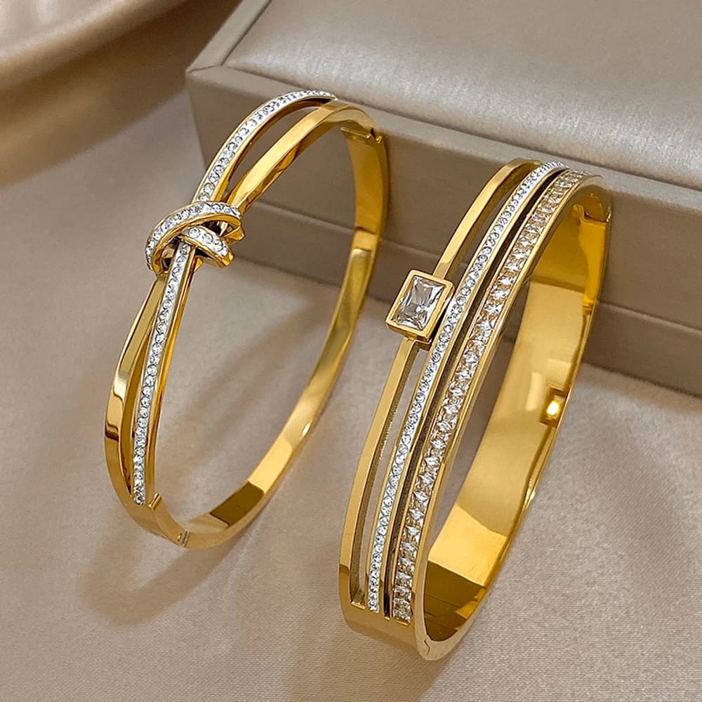 Luxury Stainless Steel Cuff Bracelet Bangle Set for Women Men Gold Plated Bracelets Inlaid White Rhinestone Wide Bangles Gift - 3