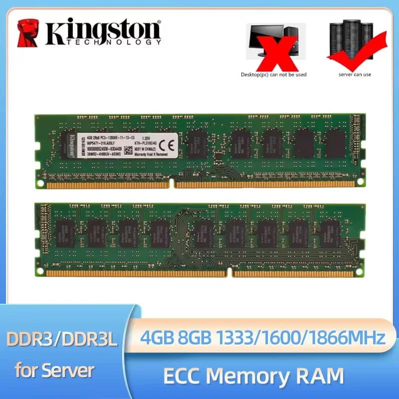 1/2/4PCS Kingston DDR3 DDR3L ECC RAM 4GB 8GB 1333MHz 1600MHz 1866MHz 240pin PC3-12800E ECC Unbuffered DIMM for Workstation