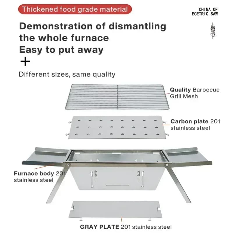 الفولاذ المقاوم للصدأ المحمولة شواء شواء في الهواء الطلق للطي موقد الفحم المدمجة التخييم نزهة شواء سيخ رف السفر الشواء مجموعة - 4