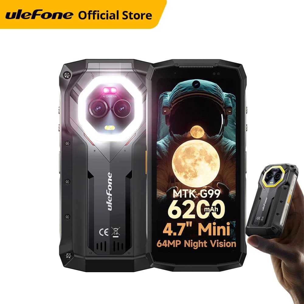 هاتف Ulefone Armor Mini 20 4G بشاشة 4.7 بوصة متين بكاميرا ليلية 64 ميجابكسل ونظام أندرويد 14 وبطارية 6200 مللي أمبير في الساعة مع إضاءة LED