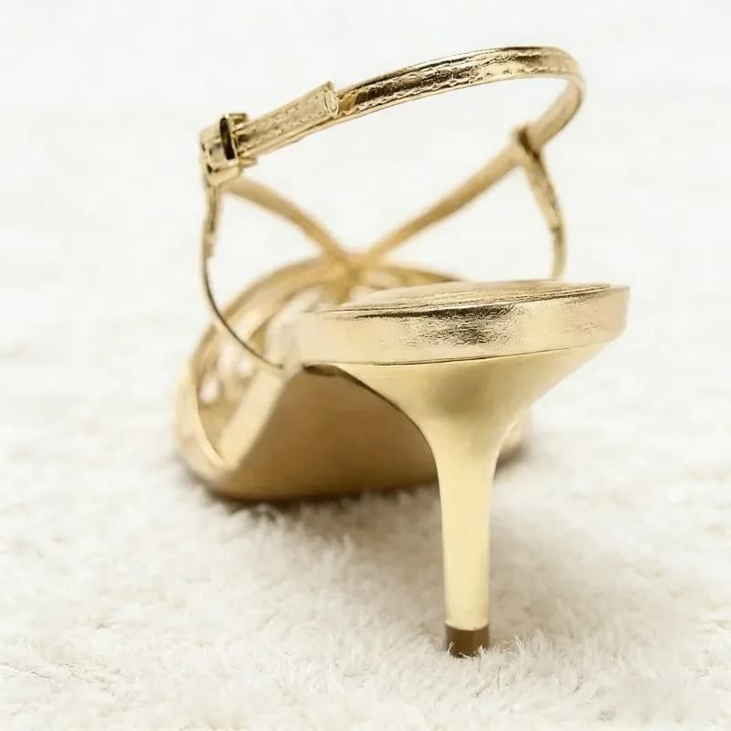 Luxury Gold Narrow Strap Heeled Sandals Women Sexy Pointed Toe Back Strap Roman Style Pumps Elegant Fashion Banquet Wedding Shoe - 3
