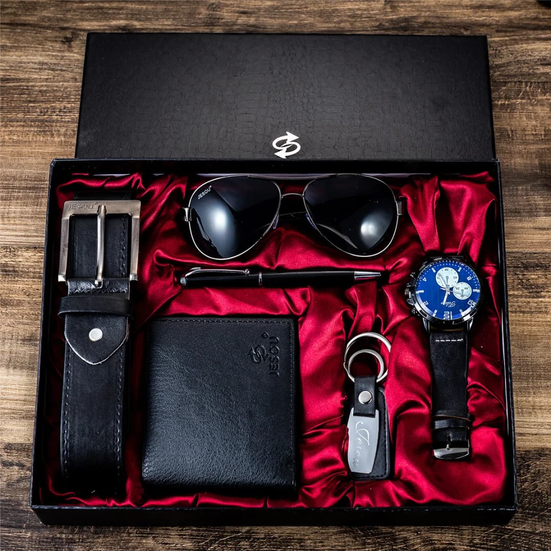 Gift Business Luxury Company Mens Set 6 in 1 Watch Glasses Pen Keychain Belt Purse Welcome Holiday Birthday