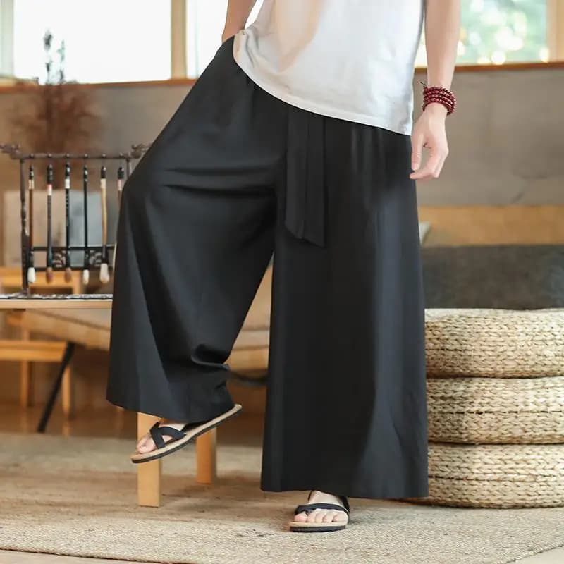 Summer Men's Wide Leg Pants Extra Wide Ice Silk Lightweight Home Zen Tea Meditation Loose Fit Long Trousers Casual Cargo