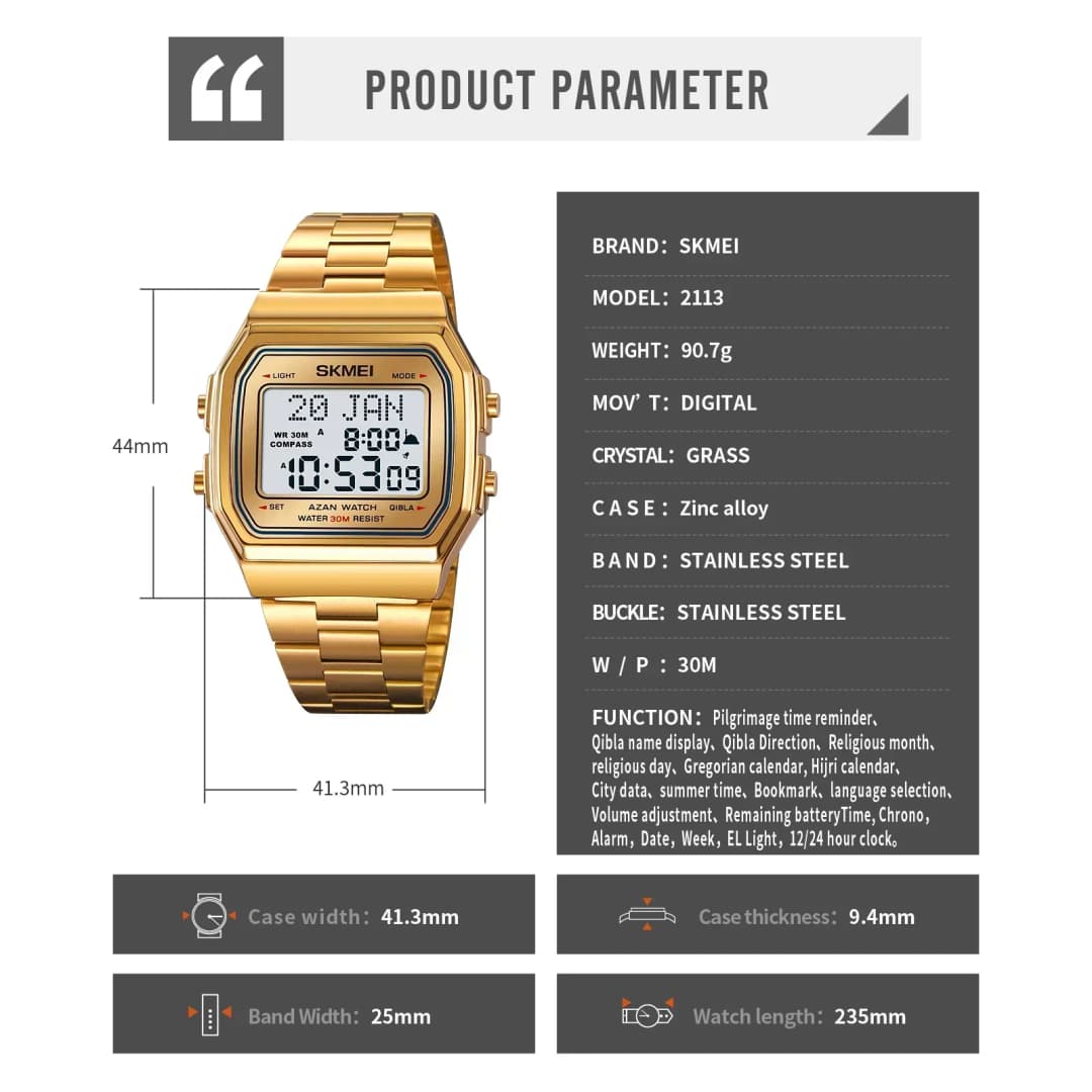ساعة سكيمي 2113 رجالية أذان بوصلة منبه تقويم هجري ساعات يد رقمية إسلامية شاشة إضاءة خلفية جديدة ساعات رياضية - 6