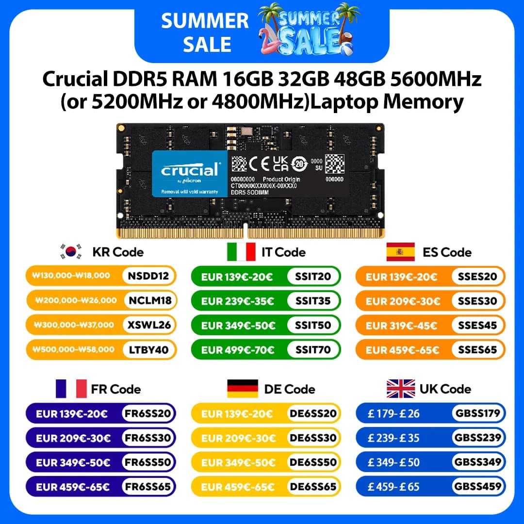 ذاكرة رام Crucial DDR5 بسعة 16 جيجابايت و32 جيجابايت و48 جيجابايت بسرعة 5600 ميجاهرتز (أو 5200 ميجاهرتز أو 4800 ميجاهرتز) لذاكرة الكمبيوتر المحمول مع 262 دبوس SODIMM متوافقة مع Intel وAMD