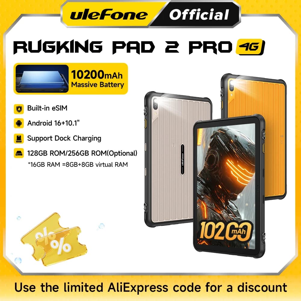 [Built-in ESIM] Ulefone RugKing Pad 2 Pro Rugged Tablet 10200mAh 10.1' Up to 16GB RAM, 256GB ROM Android 16 48MP 10.1' 4G Global