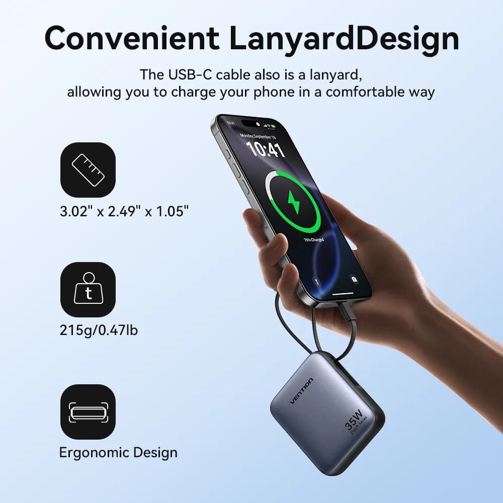 Vention 35W Mini Power Bank PD Fast Charge 10000mAh Portable PowerBank for iPhone 17 16 Pro Samsung S25 External Battery Charger - 3