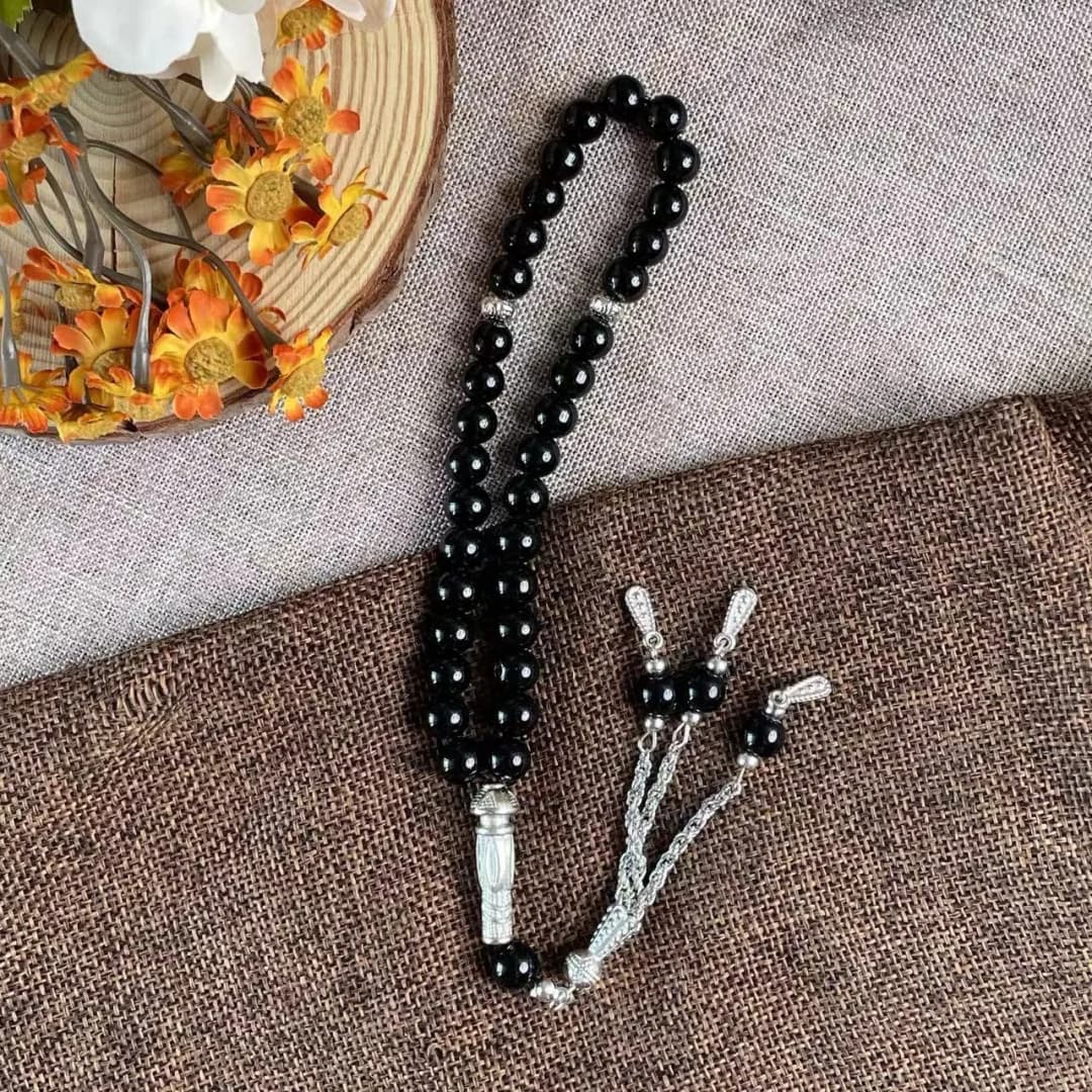 33 حبة خرز زجاجي أسود 8 ملم، مسبحة تسبيح إسلامية يدوية، شكل هندسي، أسورة تلاوة يومية للعبادة للجنسين - 3