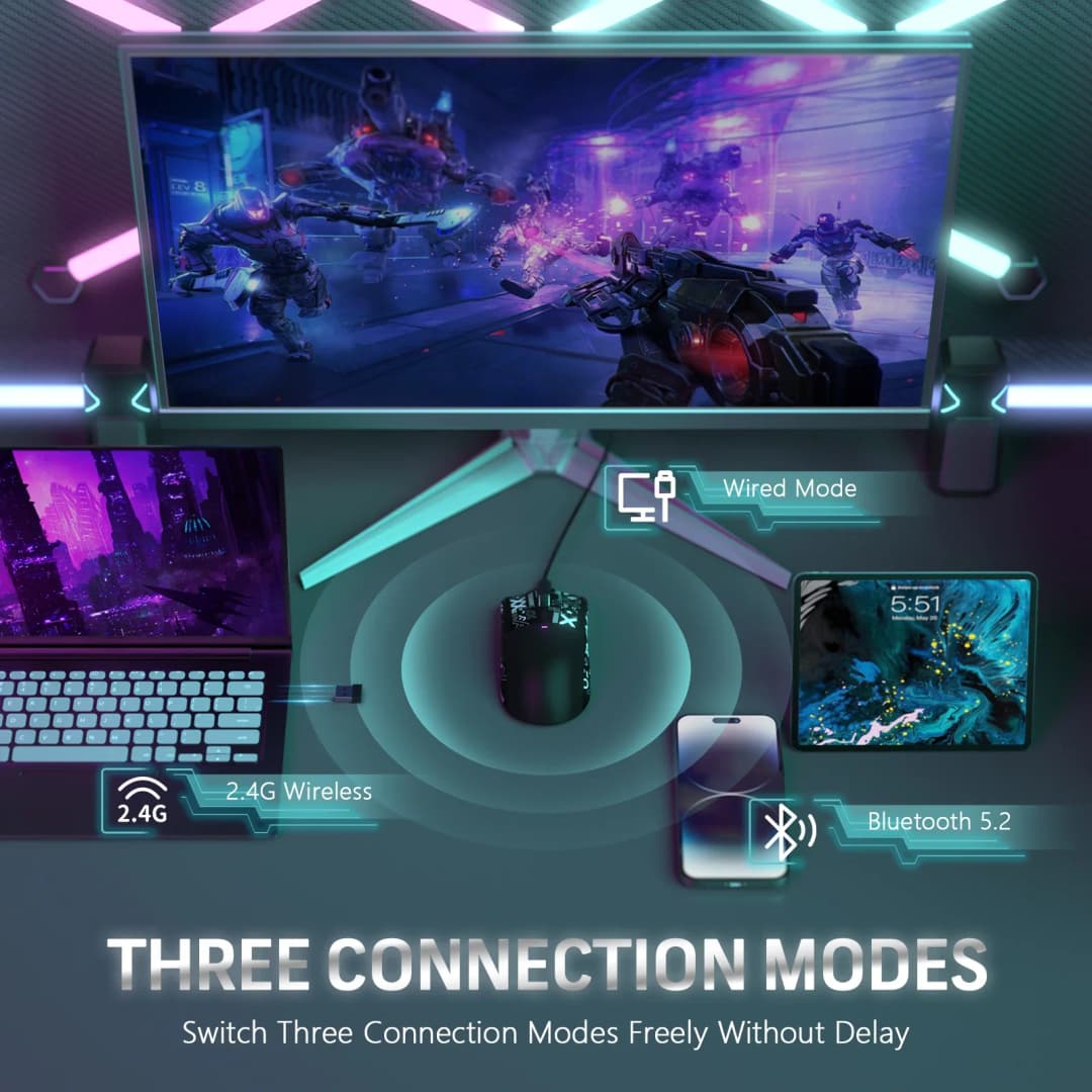 أتراك شاركس X11 بيكس آرت PAW3311 ماوس ألعاب لاسلكي ثلاثي الأوضاع مع جهاز شحن، مستشعر ألعاب، ماوس لاسلكي بلوتوث/2.4 جيجاهرتز - 3