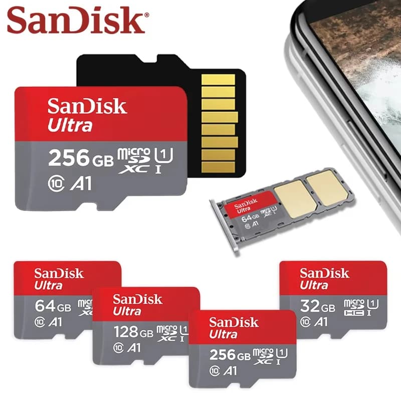 SanDisk flash drive - 32GB, 64GB, 128GB, 512GB - portable storage for computers, phones, surveillance cameras, and cameras.