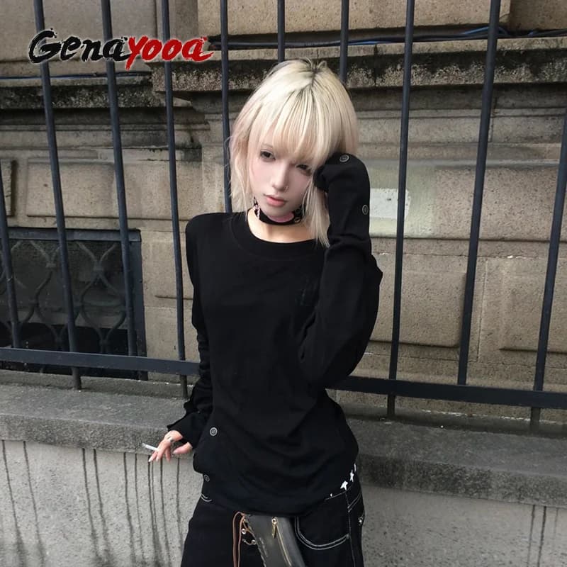 تي شيرت قوطي عتيق من Genayooa للنساء، كم طويل، أزرار، قمصان ريترو Y2k، قمصان سوداء، قمصان Streetwear، قمصان مطبوعة 2000s، قمصان خريفية