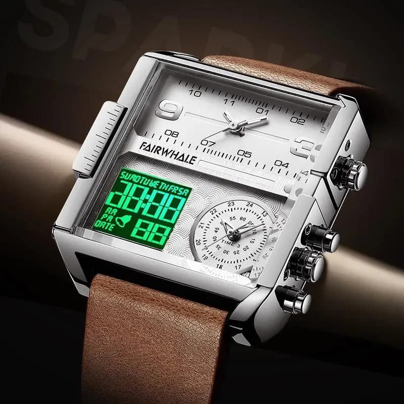 Mark Fairwhale Luxury Quartz Watches Men Fashion Brown Leather Strap Clock Military Waterproof Square Electronic WristWatch Man - 3