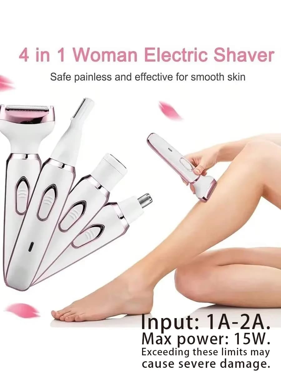 4-in-1 Rechargeable Electric Lady Shaver Set - 500mAh Portable Wet/Dry Trimmer for Face, Nose, Legs & Underarms - 2