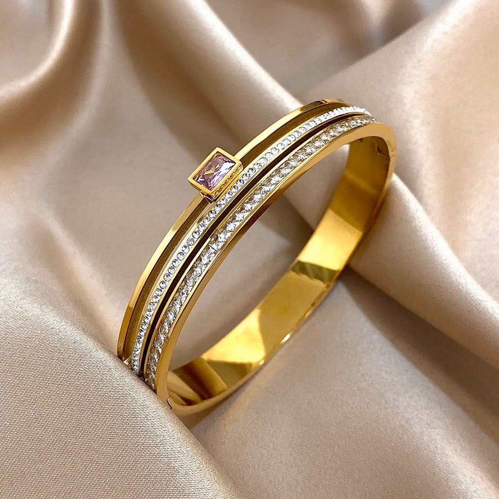 Luxury Stainless Steel Cuff Bracelet For Women Mens Gold Silver Color Couple Bracelets Green White Rhinestone Wide Bangle Gift - 3