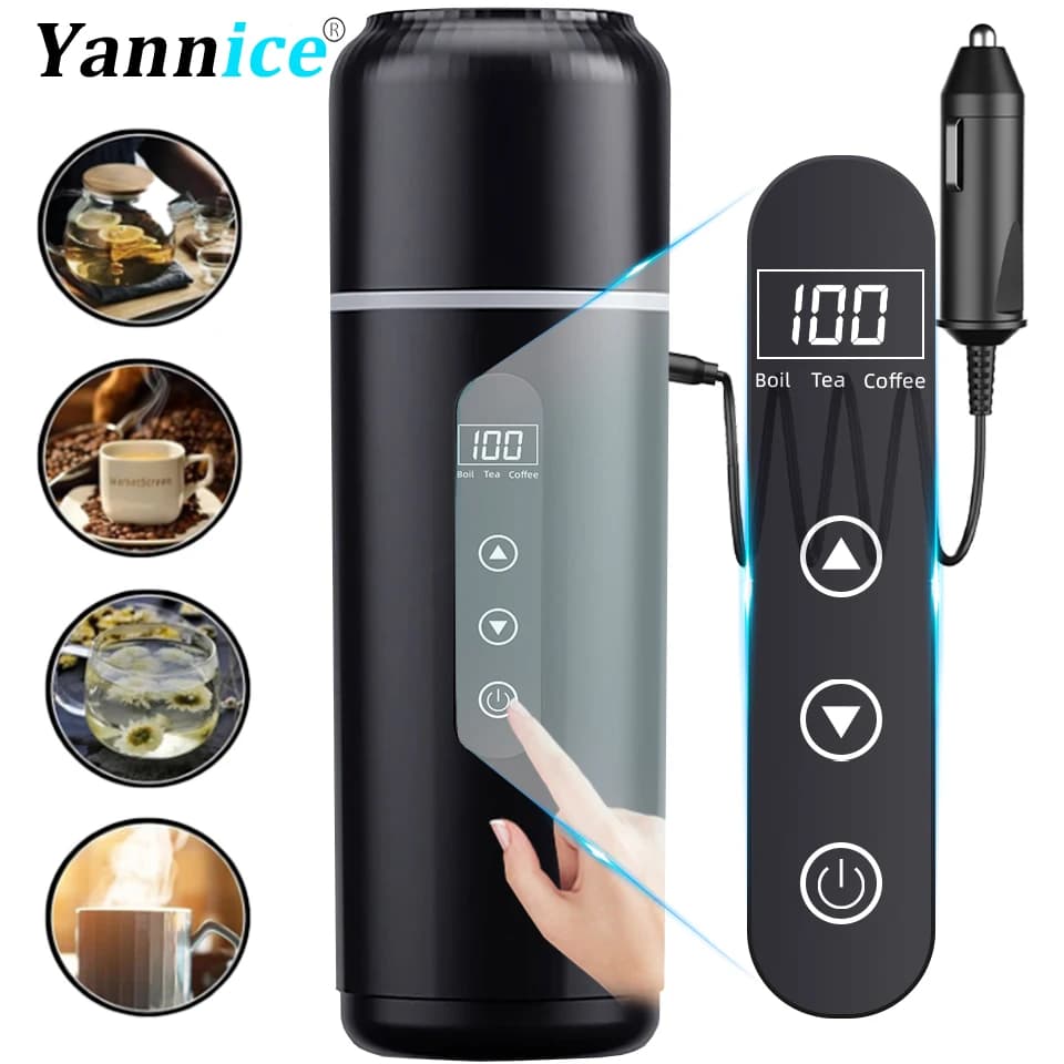Electric Kettle 12V24V Portable Car Heating Cup 500ml Travel Heating Touch Screen Intelligent Adjustable Temperature Thermal Cup