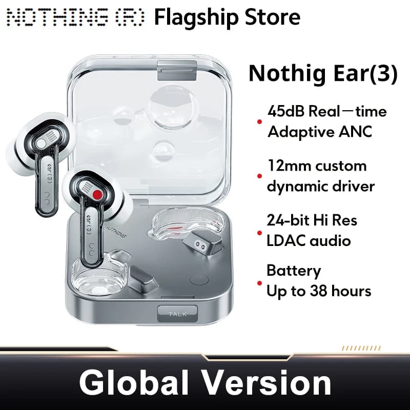 New Nothing Ear (3) Super Mic 12mm Dynamic Wireless Earbuds 45dB Hybrid Active Noise Canceling Hi-Res 6 Mics Bluetooth Headphone