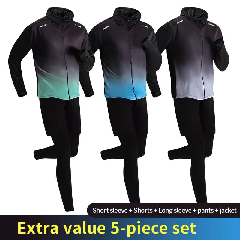 5-Piece Men's Quick-drying Sports Suit Fitness Running Tight Elastic Trousers With Cap Gradient Coat Round Neck Casual T-shirt - 2