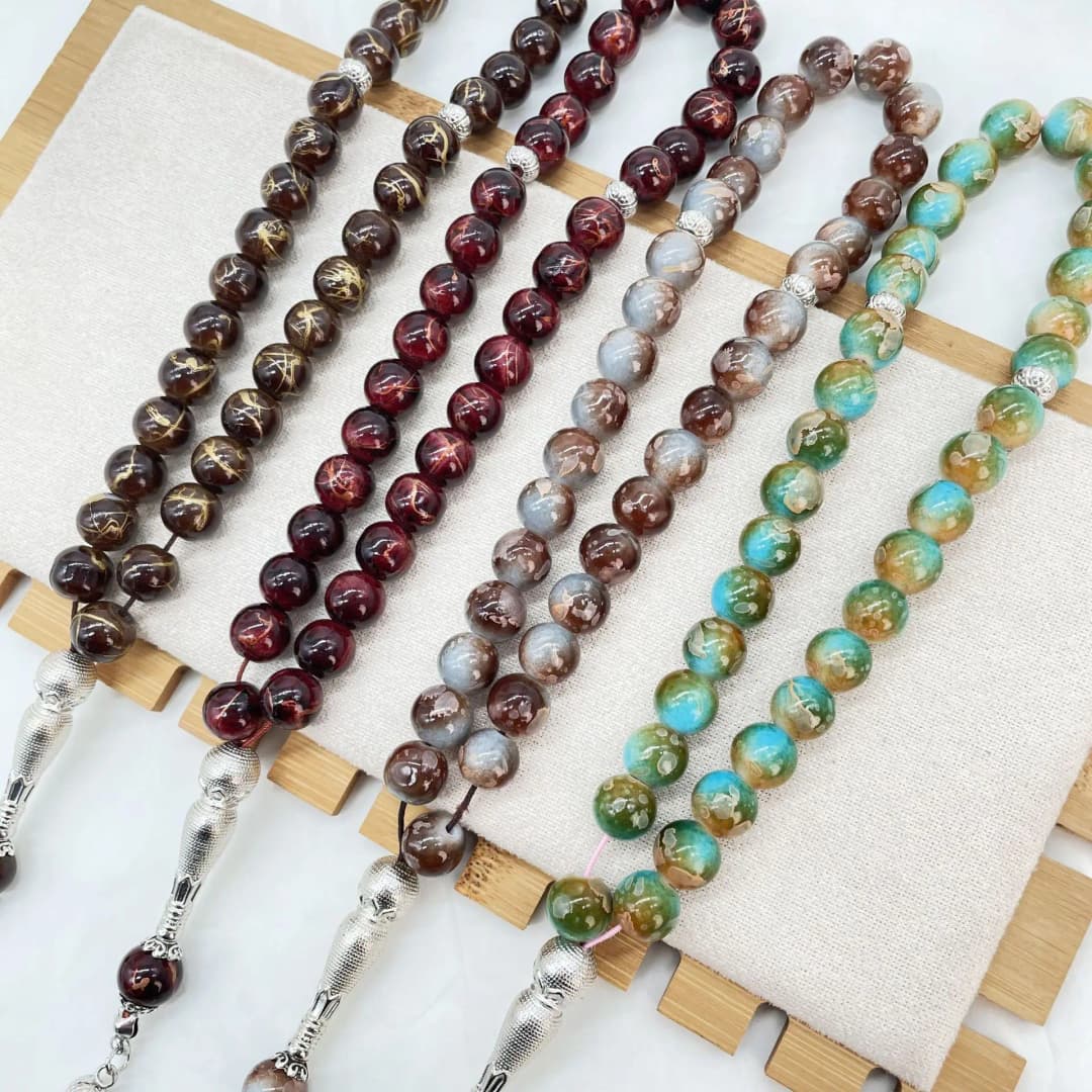 Colorful Islamic Prayer Beads with Metallic Tassel, Muslim Glass Tasbih Bracelet for Ramadan Valentine's Thanksgiving Gift Idea - 6
