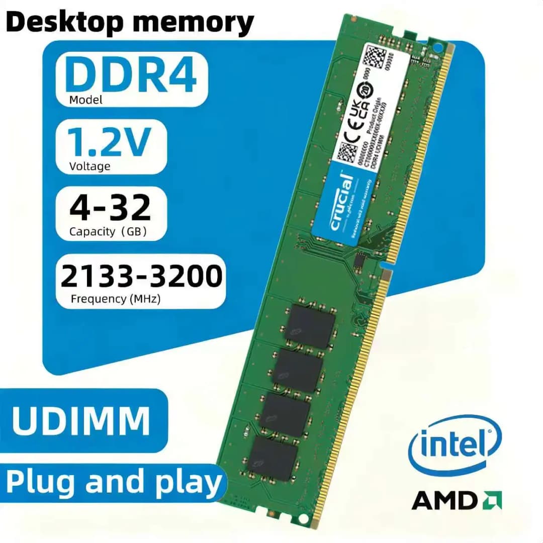 Crucial DDR4 RAM 4/8/16/32GB 2133/2400/2666/3200Mhz Desktop Memory UDIMM 288-Pin Compatible with Intel and AMD Ryzen