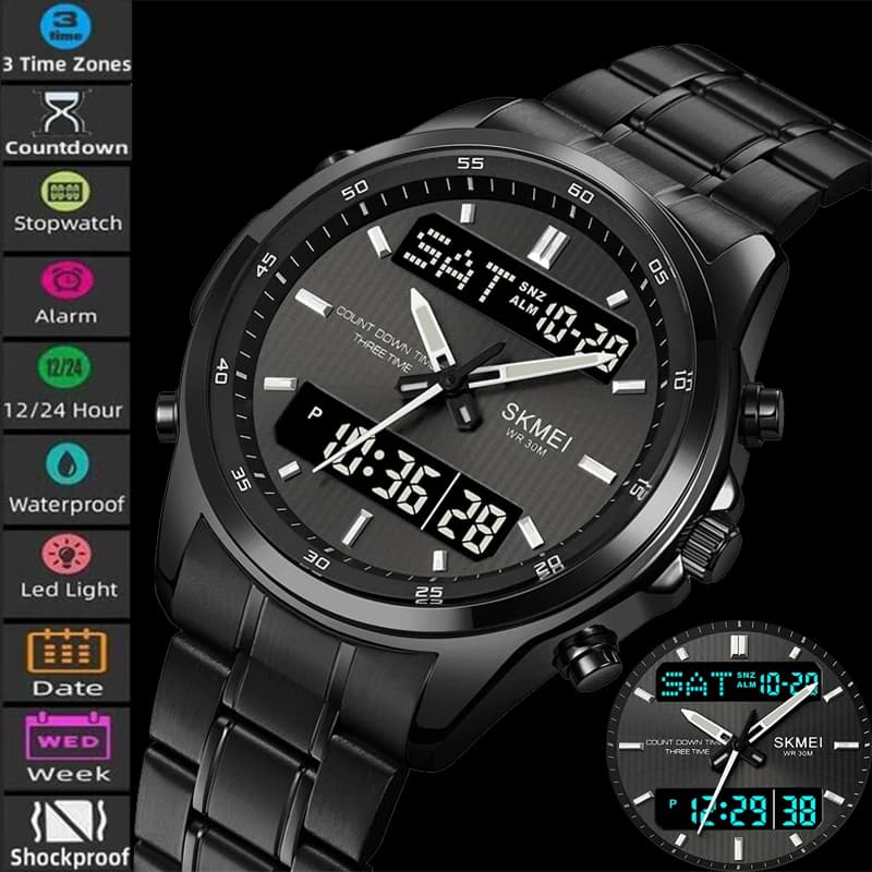 Skmei Mens Quartz Analog Bracelet Watches Luxury Stainless Steel Strap Led Waterproof Digital Sports Three Time Zone Alarm Clock