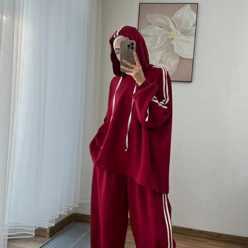 Muslim Suit Women Hoodie Top Wide Leg Pants 2 Piece Set Trousers Hooded sweatshirt Ensemble Sporty Stripe Outfits Tracksuit - 6
