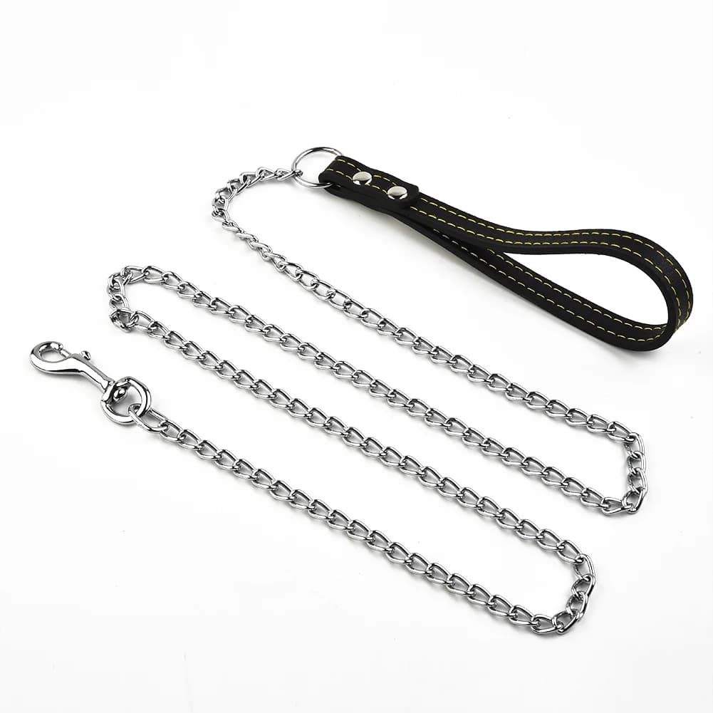 Metal Chain Dog Leash Leather Handle dog collar Dog walking rope Pets Supplies Durable strong control - 3