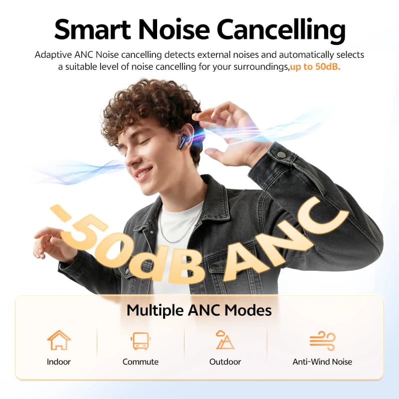 QCY T13 Pro HT23 Adaptive ANC Wireless Earbuds 13mm Drivers Powerful Bass 50dB Hybrid ANC Bluetooth 6.0 Earphones 6 Mics ENC 47H - 2