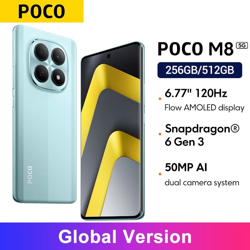 هاتف POCO M8 الإصدار العالمي بشاشة 6.77 بوصة، بطارية 5520 مللي أمبير (نموذجية)، معالج Snapdragon® 6 Gen 3، كاميرا رئيسية 50 ميجابكسل