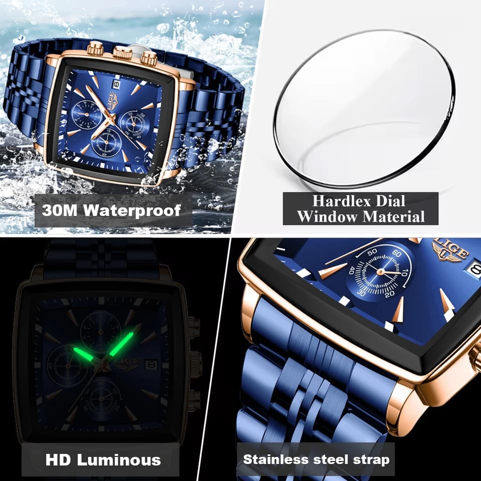 LIGE New Luxury Square Blue Men's Wristwatch Fashion Mens Watches Stainless Steel Waterproof Quartz Clock Male Relogio Masculino - 4
