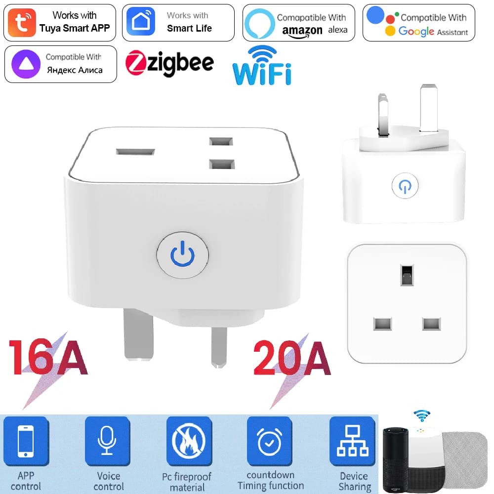 مقبس ذكي من Tuya 16A/20A واي فاي أو Zigbee قابس بريطاني 3pin محول منزلي تحكم صوتي Alexa مع وظيفة مراقبة الطاقة