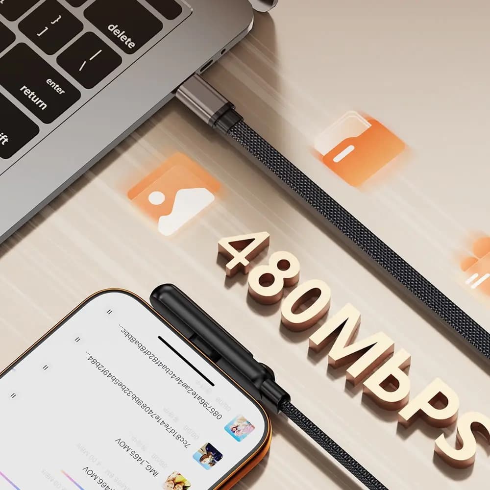 كابل 2 في 1 PD USB C بقوة 240 واط مع حامل هاتف قابل للطي والدوران 90 درجة كوع مخصص للألعاب كابل مضفر بسرعة 480 ميجابت/ثانية شحن سريع ونقل بيانات - 5