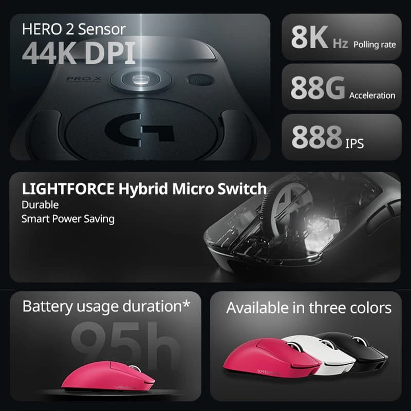 Logitech G PRO X SUPERLIGHT 2c wireless gaming mouse, 51g, HERO 2 sensor supports up to 44000DPI and 888IPS, 8KHz - 4